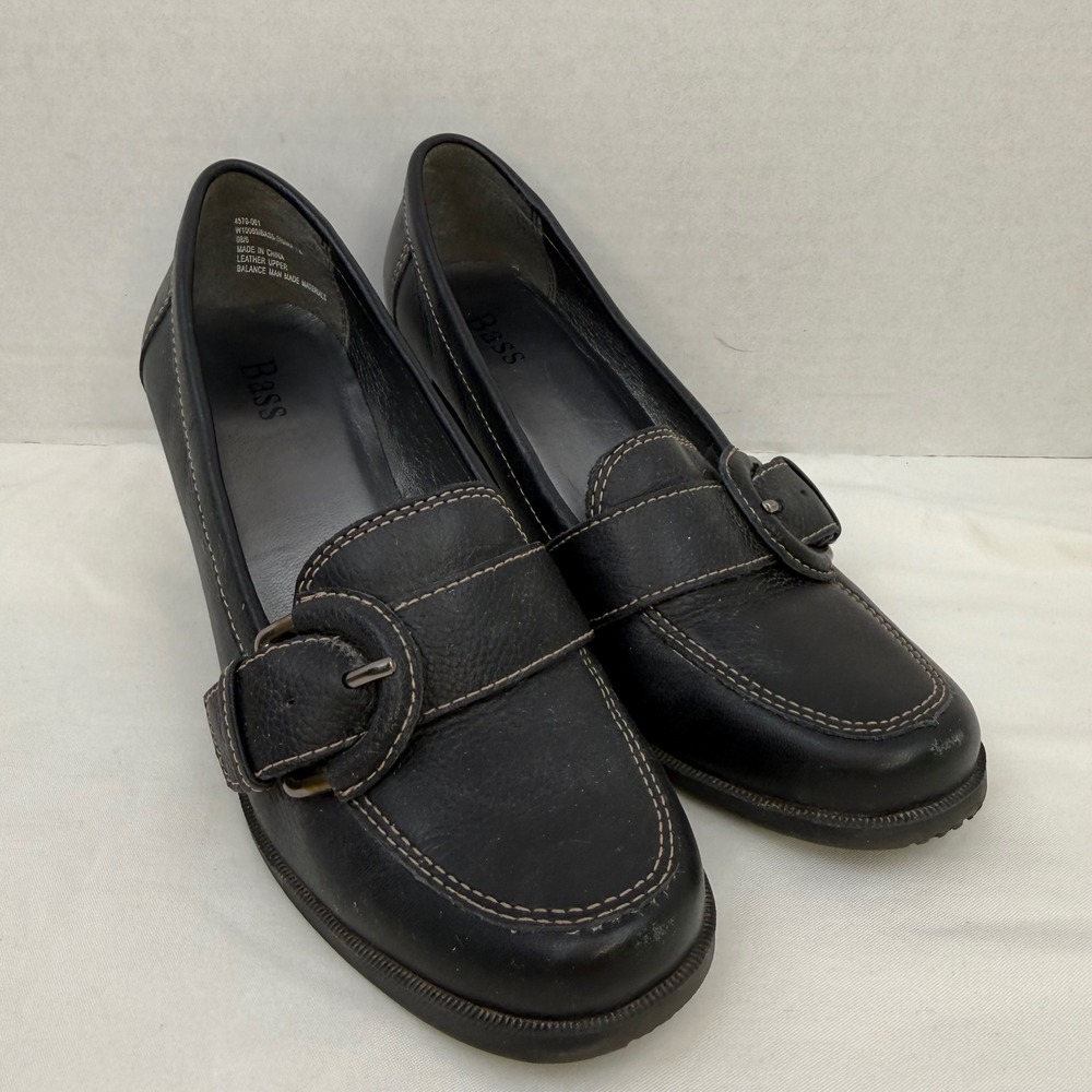 Vintage Y2K Bass Shana Black Leather Heeled Loafers Buckle Block Heel Pumps 7M